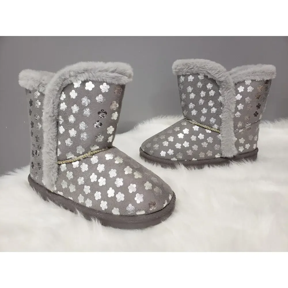 NEW Sz 4‎ Girls Flower Silver Gray Metallic Flower Faux-Fur Slipper Winter Boot